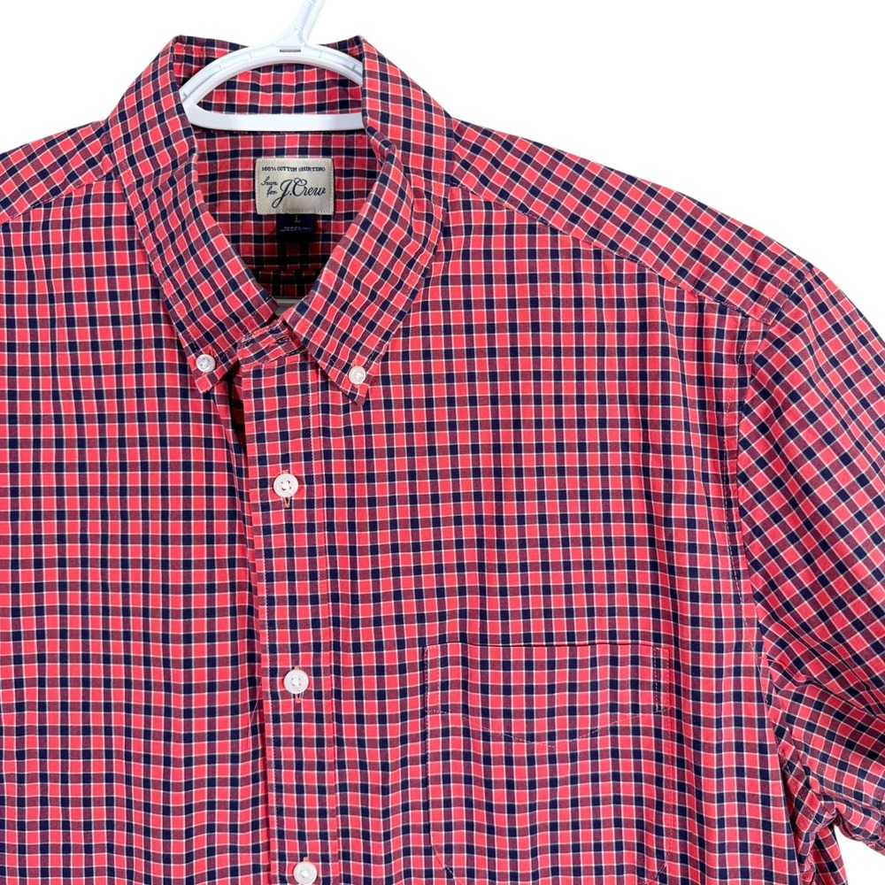 J.Crew Button Down Shirt Mens L Red Navy Blue Gingham Check Short Sleeve Cotton